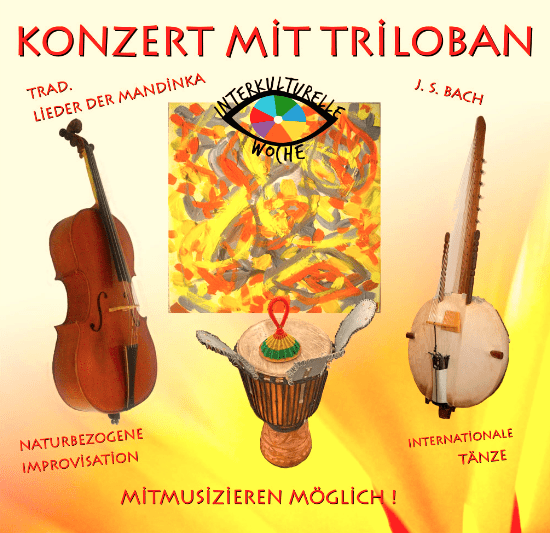 Concert announcement/reminder for Ensemble Triloban: Trio concert (violoncello, kora harp, percussion) at Röcknitz, Saxony/F.R.G., on Saturday, October 19th,&nbsp;2024